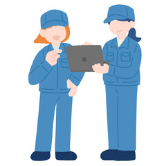 ノートパソコンを見ながら話す作業服を着た女性2人のフラットなイラスト
