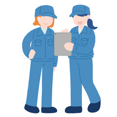 タブレットを見ながら話す作業服を着た女性2人のフラットなイラスト
