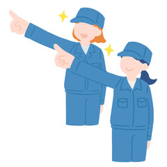 同じ方向を向いて斜め上を指さす作業服を着た女性2人のフラットなイラスト
