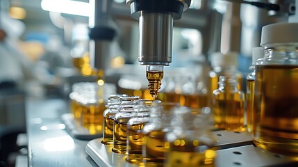 Close-up view of an automated filling process of amber glass bottles with a golden liquid in a modern factory.