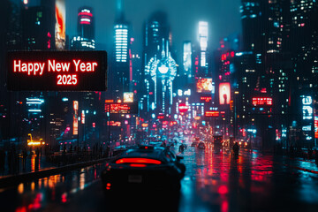 Fototapeta premium Vibrant City Street at Night Illuminated by Neon Sign Celebrating New Year Evoking Joyful Festive Urban Atmosphere
