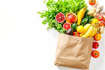Fresh produce like bananas, lettuce, tomatoes, and pomegranate in a brown paper bag with a white background. Concept of healthy eating and sustainability. Ai generative