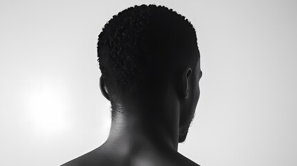 Profile of an African American man seen from behind, with his head turned slightly to the right on a white background, in black and white