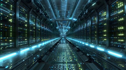 Obraz premium Massive Data Center: Server Infrastructure and Network Connectivity in a High-Tech Digital Facility, technology,network,data,IT concept