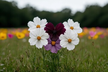 Obraz premium Close-up of colorful cosmos flowers in a field