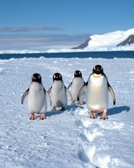 Obraz premium Adorable penguin chicks waddle along snowy path in antarctica