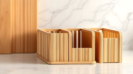 close-up of split bamboo organizers on a white marble countertop in kitchen