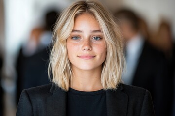 Obraz premium Confident young woman with blonde hair and freckles in a black blazer