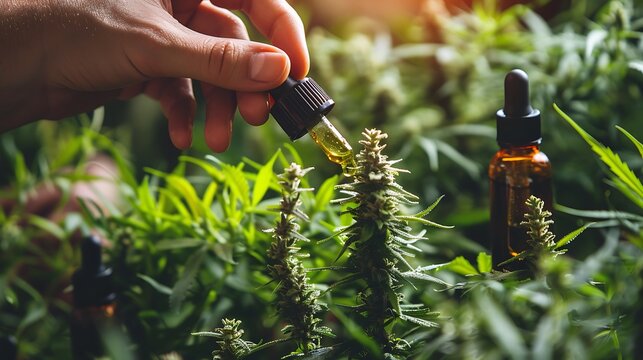 Close-up of hand extracting CBD oil from cannabis plant.  Natural remedy, wellness concept.