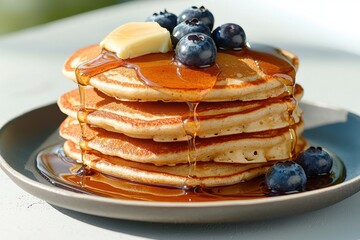 Delicious fluffy pancakes with blueberries and maple syrup