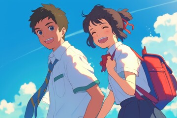 Smiling male and female student who is motivated towards summer anime style