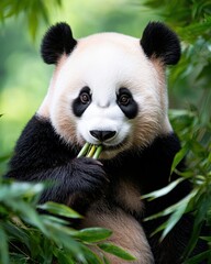 Obraz premium Adorable giant panda bear eating bamboo in lush green forest
