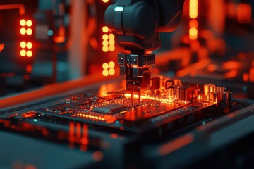 Precision Robotic Arm Assembling Circuit Board in Factory