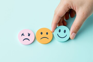 Hand picking a happy face emoticon from a lineup of sad and neutral faces, colorful pastel design, on a light background. Concept of choice, emotions. Ai generative