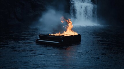 Dramatic scene of burning piano on water near waterfall. Water surrounds piano engulfed in flames. Powerful visual art expressing raw emotions. Artistic spectacle with elements of music, nature.