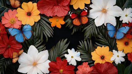 Vibrant tropical flowers and butterflies arranged in a circle on a dark background.