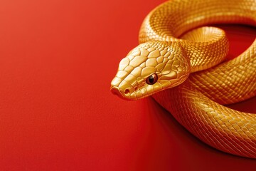 Fototapeta premium Golden Snake Coiled on Red Background