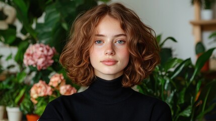 Naklejka premium Portrait of a young woman with curly auburn hair, wearing a black turtleneck sweater.