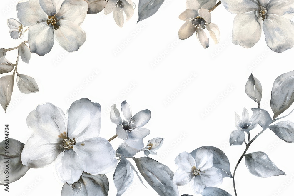 Poster Delicate white flowers with soft gray leaves create an elegant and serene atmosphere in a light background