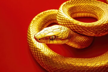 A Golden Snake Coiled Against Red Background