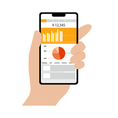 スマホで資産運用・管理をしている人の手のイラスト