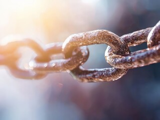 Close-Up of Rusty Metal Chain Links with Soft Focus Background and Warm Light Shining Through for Industrial Themes