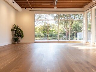 Obraz premium Bright and Spacious Interior with Large Windows and Natural Light in Modern Style Room with Wooden Flooring