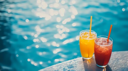 Two colorful drinks with straws on the edge of an outdoor pool, capturing summer vibes