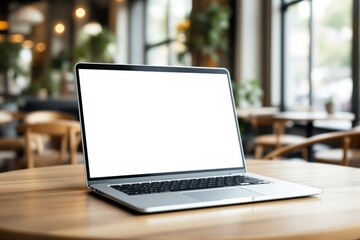 Open laptop with blank white screen displayed on a wooden surface in a warmly lit cafe with blurred background. Concept of workspace and design showcase. Ai generative