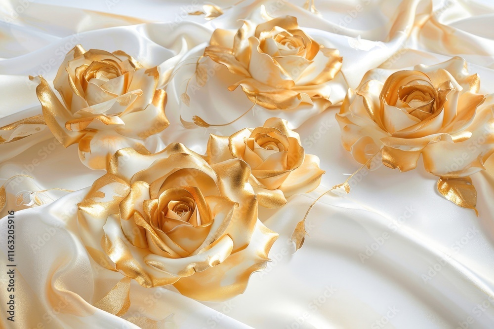 Poster elegant golden rose patterned fabric draping softly across a surface, catching light beautifully in 
