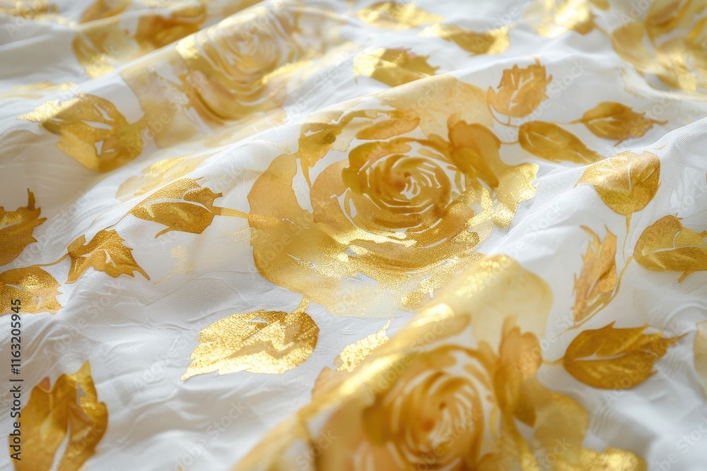 Poster elegant golden rose patterned fabric draping softly across a surface, catching light beautifully in 