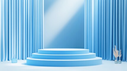 Obraz premium A minimalist blue stage setup with curtains, ideal for presentations or events.