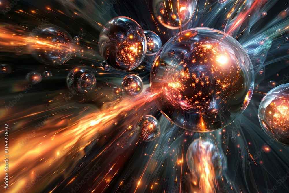 Poster Vibrant cosmic spheres burst with energy and light in a dynamic display of color, emphasizing the wonders of space and time in an abstract composition