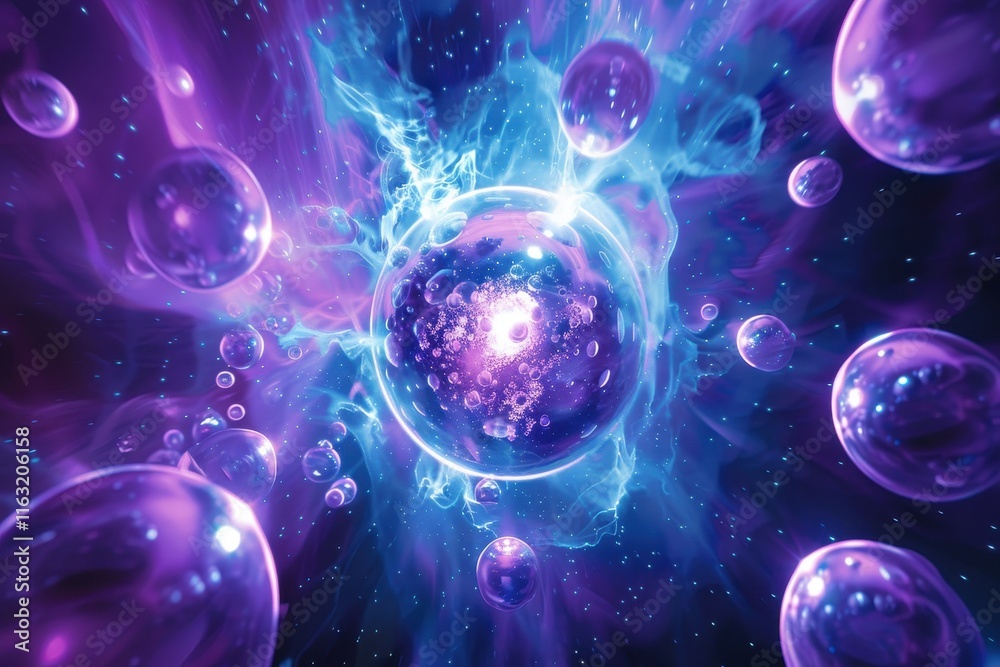 Poster Vibrant cosmic spheres burst with energy and light in a dynamic display of color, emphasizing the wonders of space and time in an abstract composition