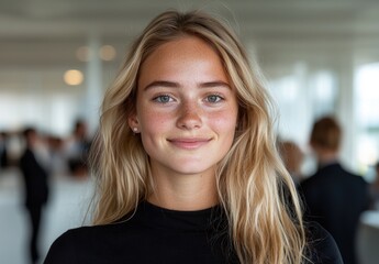 Portrait of a young woman with freckles and blonde hair