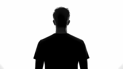 Silhouette of a man in a black t-shirt on a white background, minimalist silhouette portrait from the back, black and white