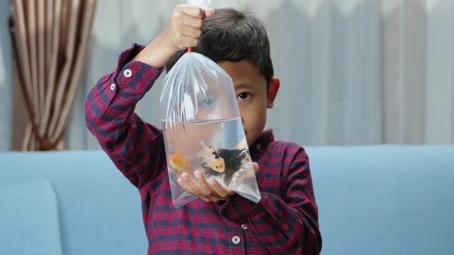 A cheerful boy holding a transparent plastic bag with a goldfish inside. A heartwarming scene reflecting childhood joy. Childhood play, goldfish, plastic bag, joy, innocence