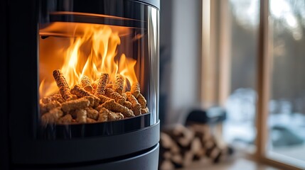 Efficient heating solution concept, Wood Pellet Stove Showing Burning Fire