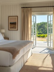 Fototapeta premium Coastal Bedroom with French Doors Opening to Deck and Ocean View