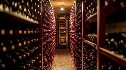 Wine racks filled with bottles in a storage room, creating a sense of abundance and variety
