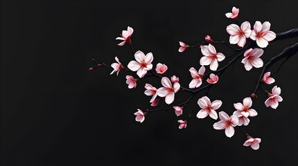 pink cherry blossoms with black background in brush painting style, space for copy