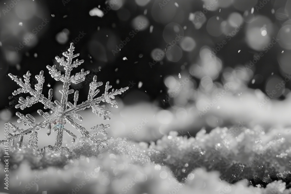 Aufkleber delicate snowflake rests on soft snow as gentle flakes continue to fall in a serene winter landscape