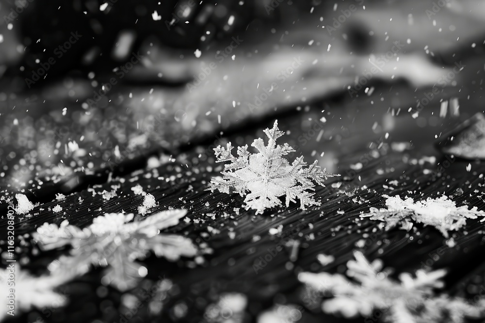 Poster Delicate snowflake rests on soft snow as gentle flakes continue to fall in a serene winter landscape
