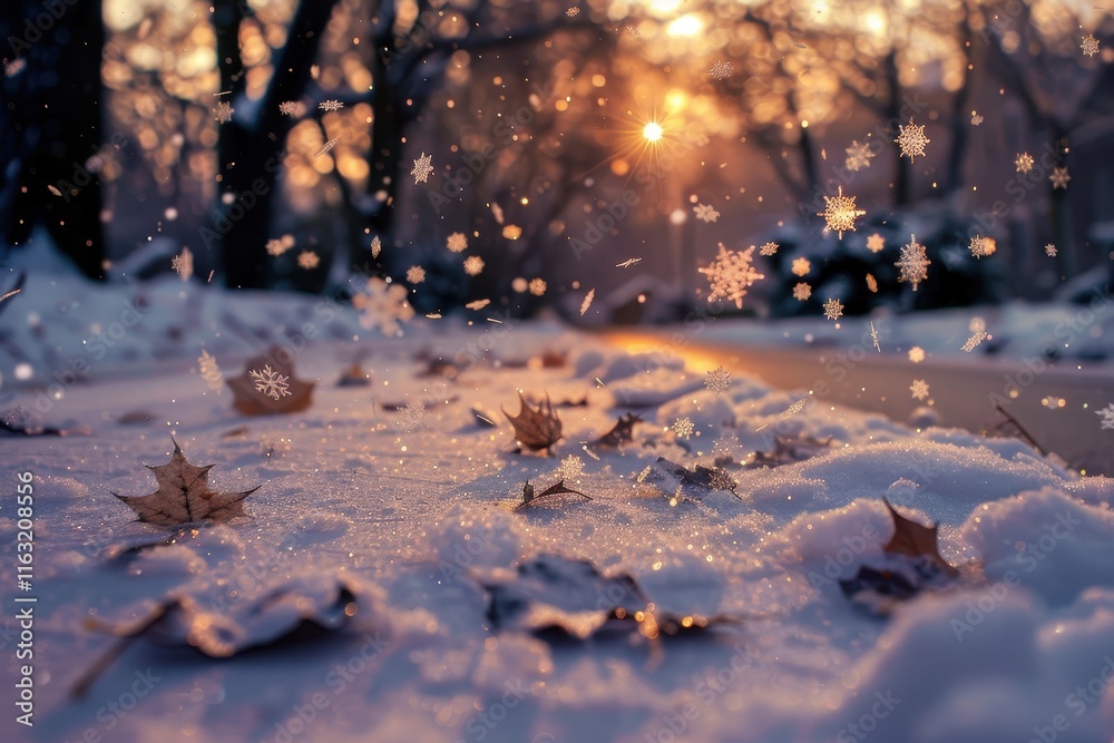 Poster delicate snowflake rests on soft snow as gentle flakes continue to fall in a serene winter landscape