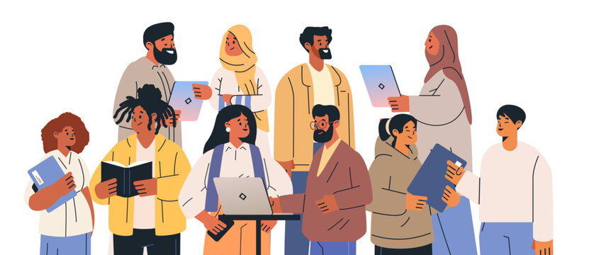 Diverse group of people collaborating on projects. Illustration depicts a team of men and women holding laptops books and documents in a casual setting