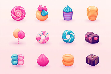 The image is a collection of 12 colorful, cartoon-style candy icons arranged in a 4x3 grid against a light pink background