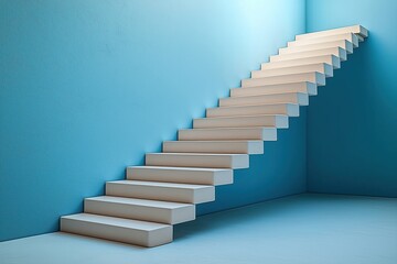 Modern stairway career growth, success. Light beige steps lead upward against vibrant blue wall. Abstract design offers opportunity, ambition concept. Minimalist style creates inspiring future