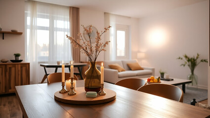 modern, brightly lit apartment interior with flower vase, candles, and fruit dish on the table in the early morning.Modern Apartment Interior with Flower Vase, Candles, and Fruit Dish in Soft Morning 