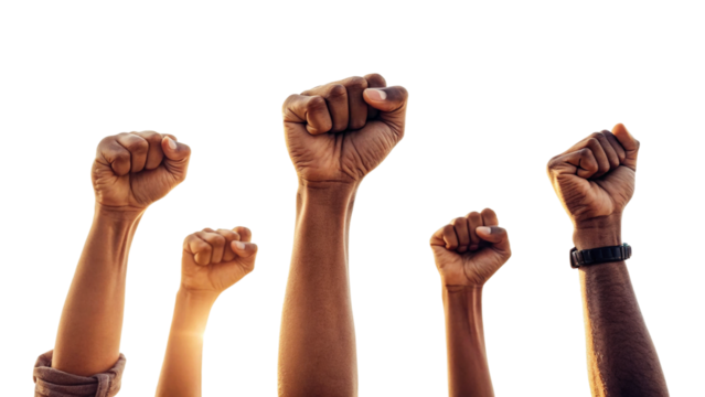 Fists raised in solidarity during a peaceful protest at sunset isolated on transparent background
