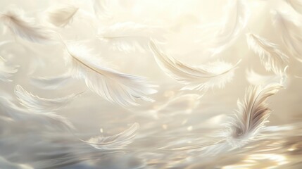 Fototapeta premium Ethereal Dance of White Feathers: A Serene and Dreamlike Image of Light and Airy Grace